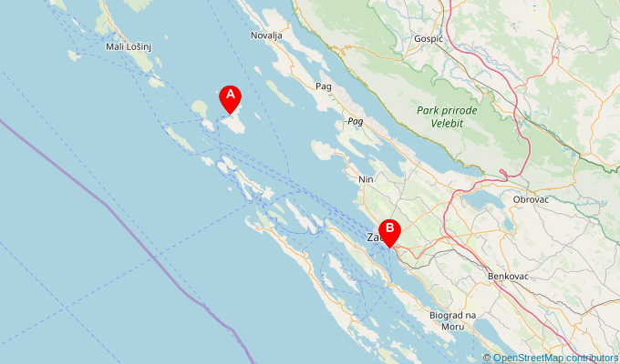 Map of ferry route between Olib and Zadar